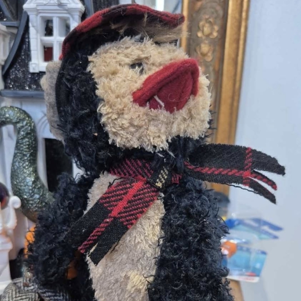 Black and Tan Plush Penguin with Red Plaid Scarf GANZ!